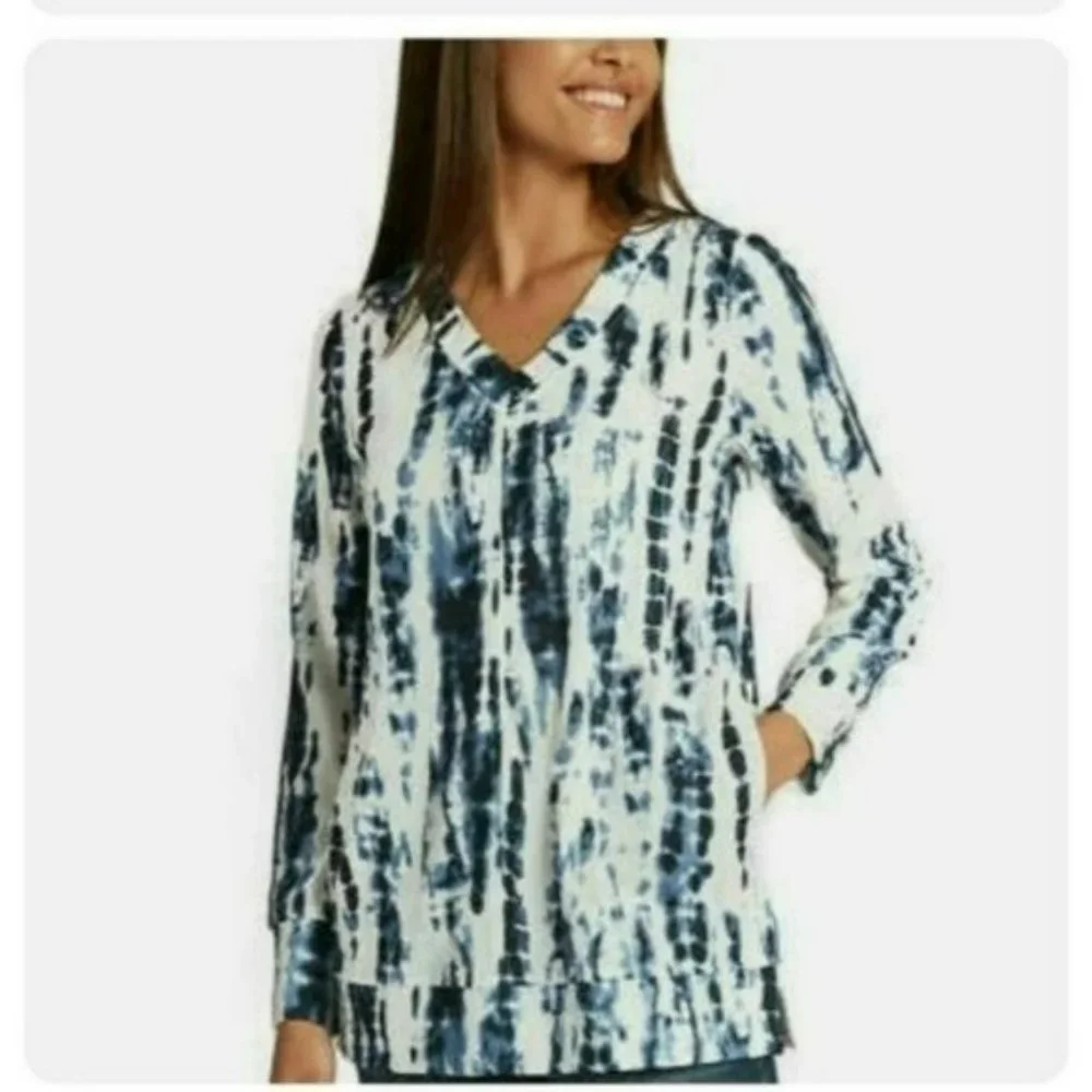 ♡3/$30♡ Ellen Tracy V Neck Long Sleeve Relaxed Tunic Blouse w Pockets -S - Picture 1 of 7